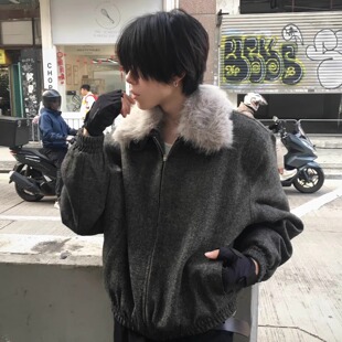 AMBSOM羊毛混纺羊羔毛外套棉服可脱卸大毛领秋冬保暖正肩收腰夹克