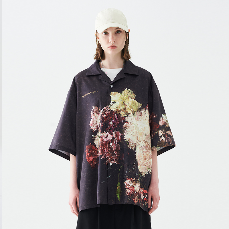 油画花朵印花古巴领短袖衬衫