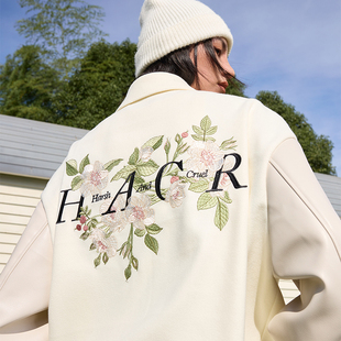 harshandcruel 街头字体山茶花花卉刺绣长袖HACR翻领棒球服夹克