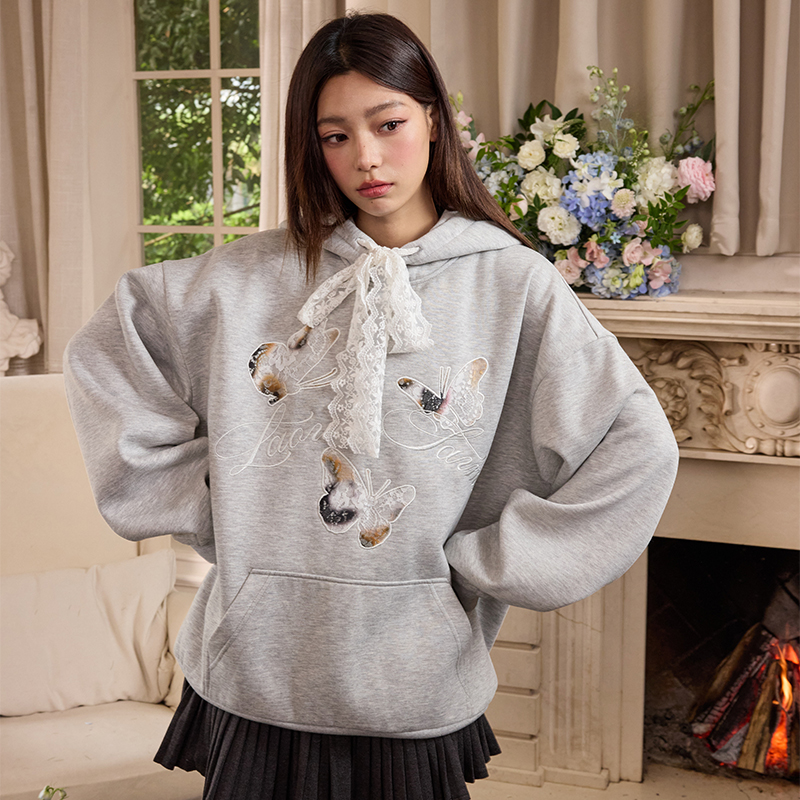 harshandcruel美式手写花体火烧蕾丝贴布绣花蝴蝶刺绣连帽卫衣