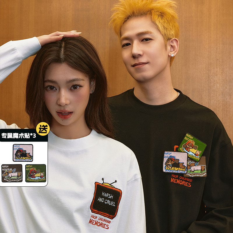harshandcruel复古魔术贴刺绣漫画感腊肠狗圆领情侣感宽松长袖T恤