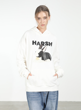 harsh and cruel 美式复古街头黑白兔子玩偶印花宽松休闲连帽卫衣
