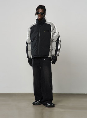 harsh and cruel 美式街头感弧形分割拼接撞色设计机车感立领棉服