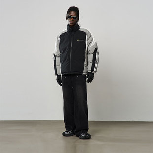 美式 cruel 街头感弧形分割拼接撞色设计机车感立领棉服 and harsh