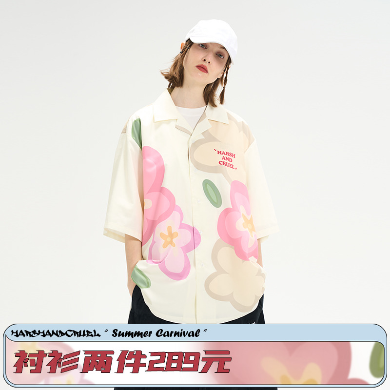 harsh and cruel 卡通花朵宽松古巴领衬衫短袖衬衣魏大勋赵让同款