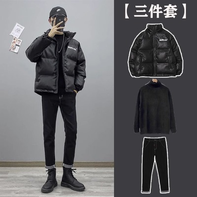 2025新款潮牌棉服三件套男冬季加厚韩版高级感帅气立领棉衣套装