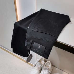 春夏薄款男士针织高弹力深黑灰色修身牛仔裤欧美风免烫柔软休闲裤