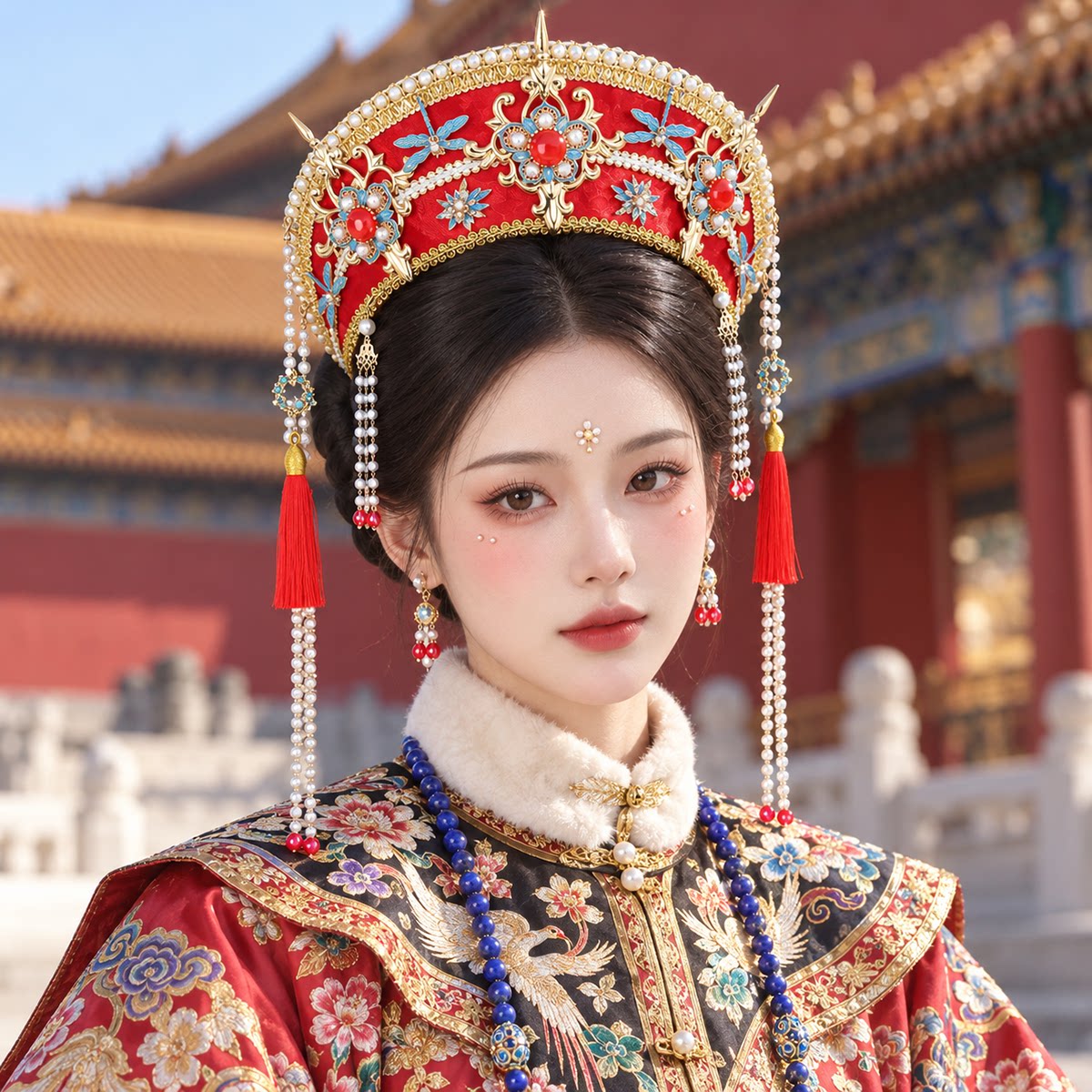 新中式红色发冠清宫妆造流苏凤冠