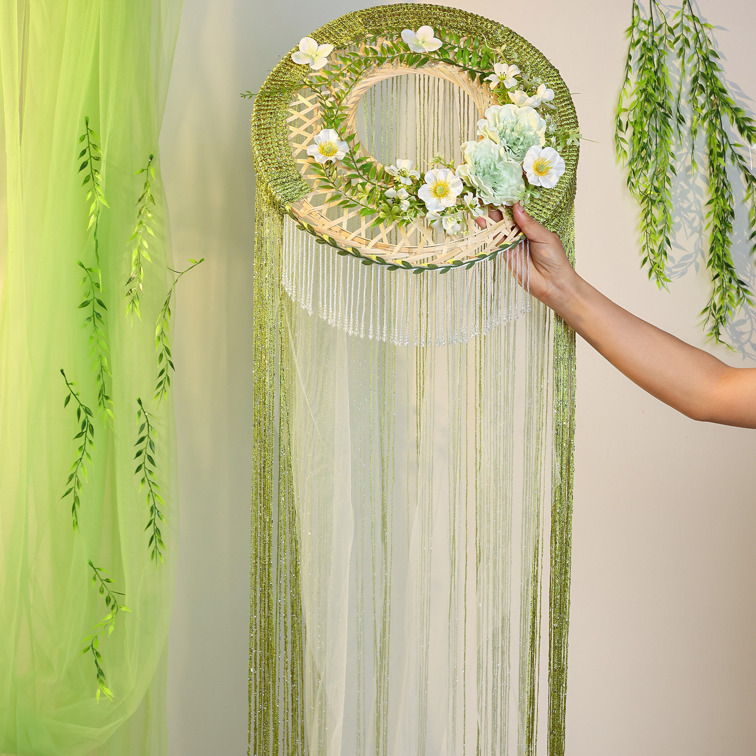 古风发饰竹片斗笠杨柳丝珠链帷帽