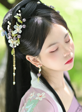 汉服头饰套装紫色铃兰发冠步摇琉璃花朵流苏对夹古装夹子古风发饰