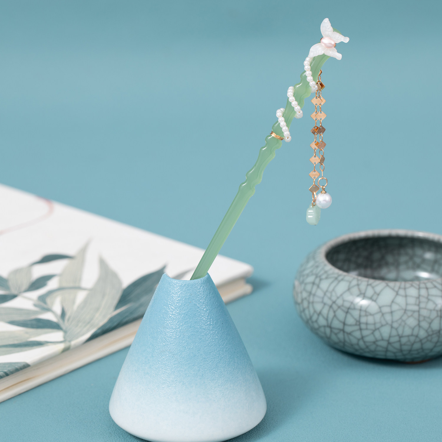 发簪古风头饰仙气青色发钗蝴蝶流苏簪子盘发配饰古装旗袍发饰汉服