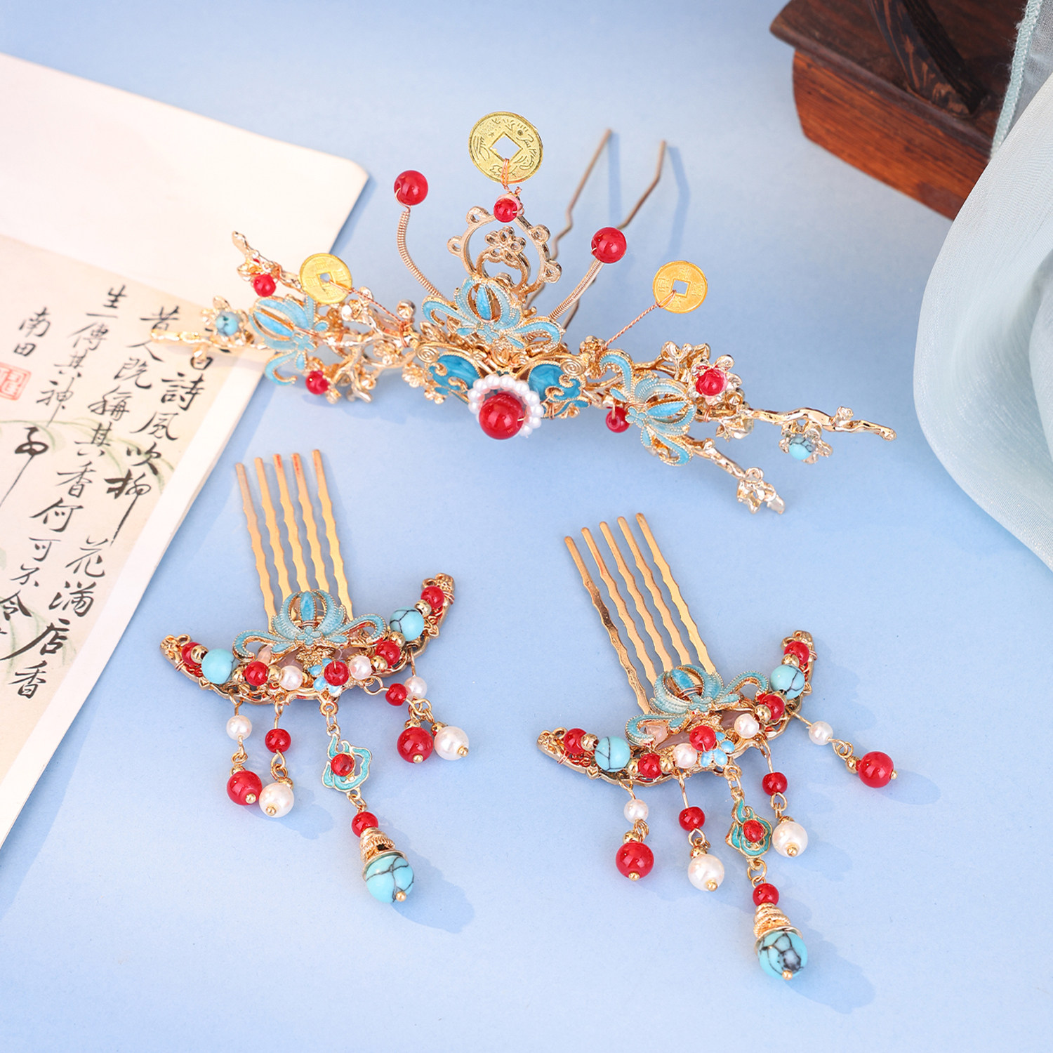 古风烧蓝发冠流苏发梳套装明制发簪汉服头饰宫廷顶簪插梳古装发饰