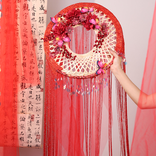 红色长纱流苏斗笠帷帽仙美古风发饰中式簪花竹笠汉服头饰影视道具