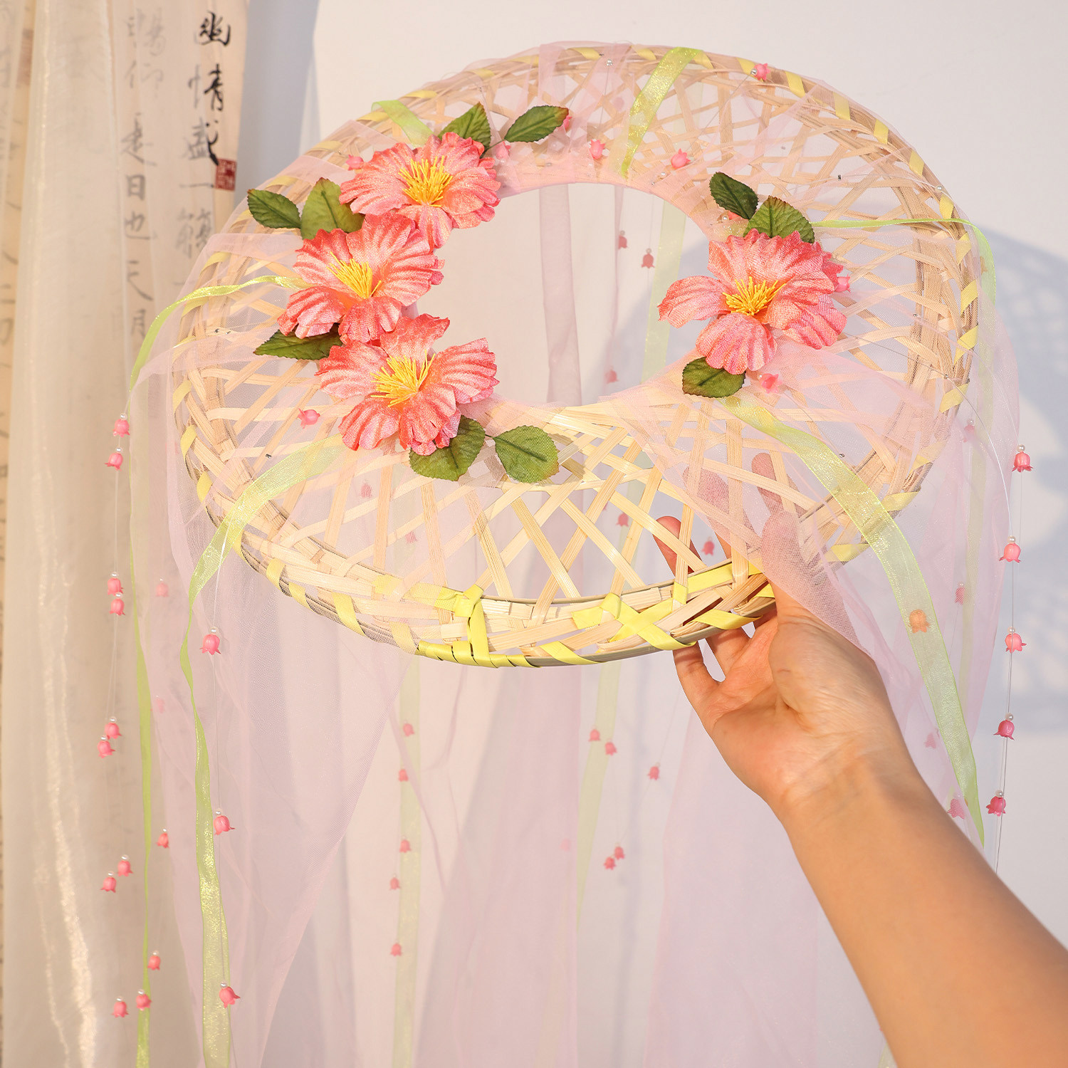 粉色花朵薄纱帷帽斗笠汉服配饰