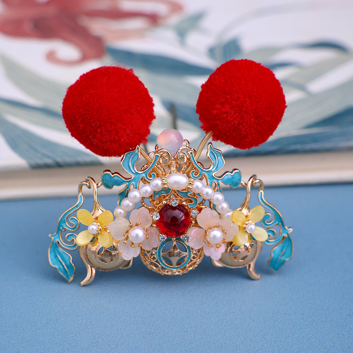 汉服头饰红色毛球发冠烧蓝发簪