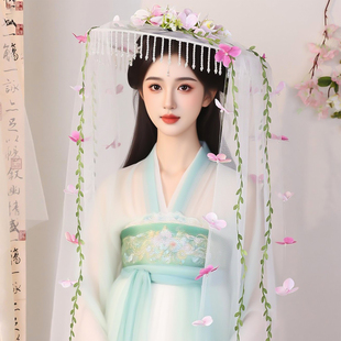 古风帷帽仙侠影视道具长流苏花朵面纱斗笠舞蹈走秀幕篱汉服头饰女