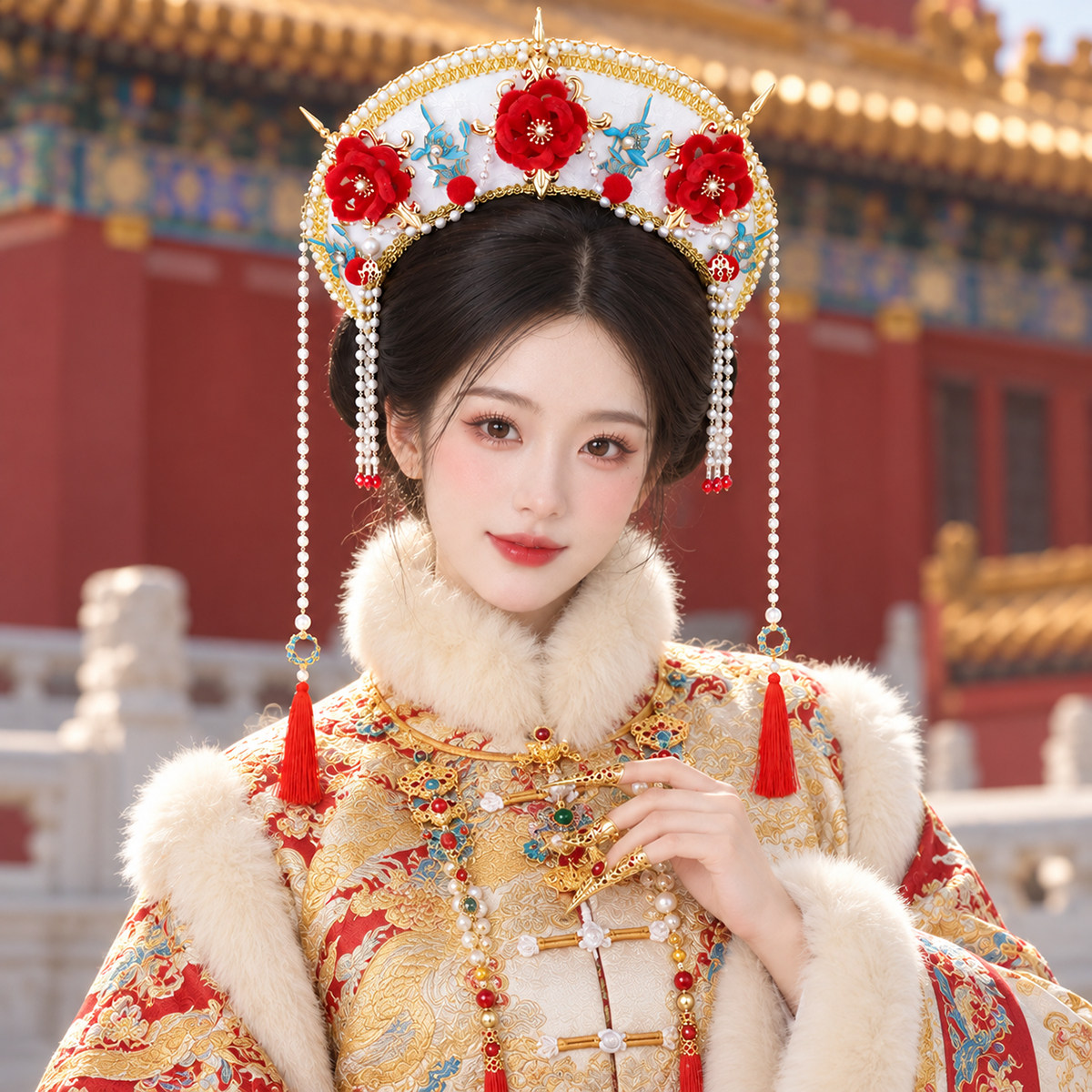故宫写真汉服头饰红色流苏发冠
