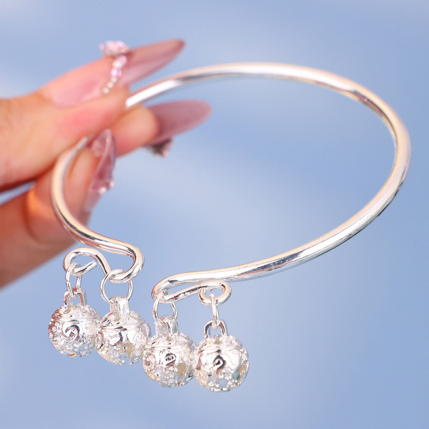 新中式银色铃铛手镯汉服配饰中国风宫铃脚镯复古开口镯子古风饰品