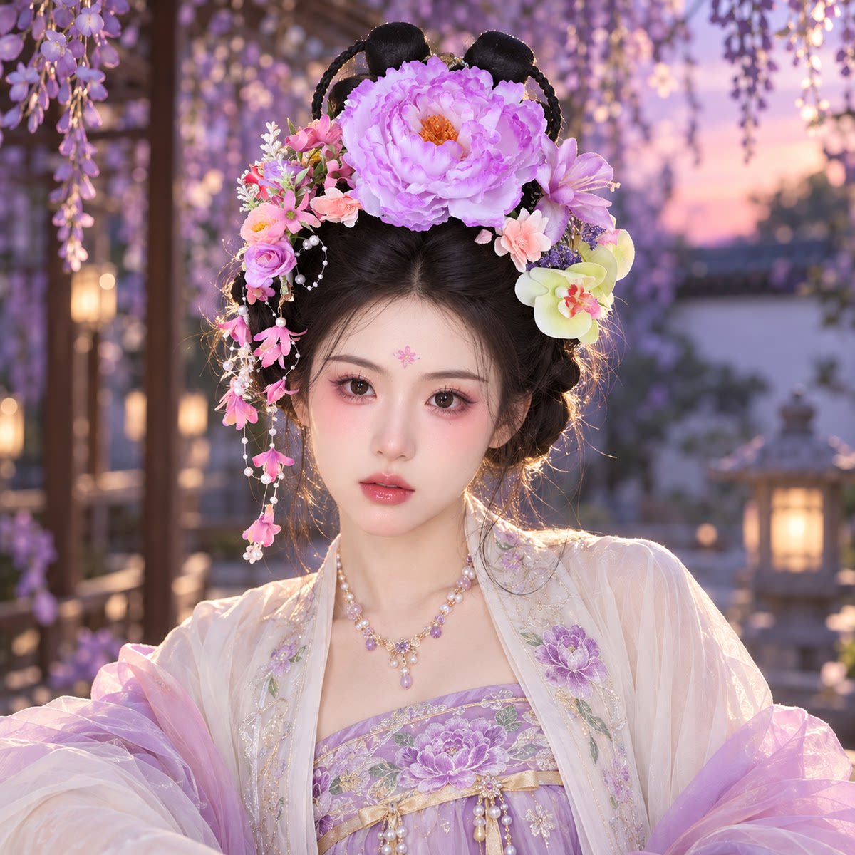 紫色绢花发夹套装国风牡丹头饰