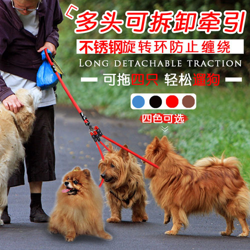 防缠绕金毛小型一拖三多头牵引绳