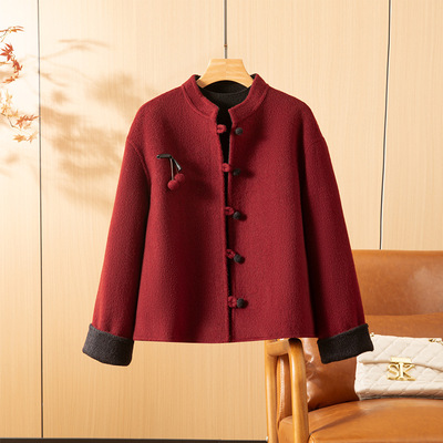 2025秋中式国风双面呢大衣短款气
