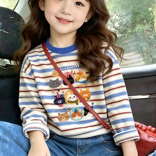 2026春秋印花打底衫儿童T恤长袖女童长袖蓝红条纹纯棉透气上衣潮