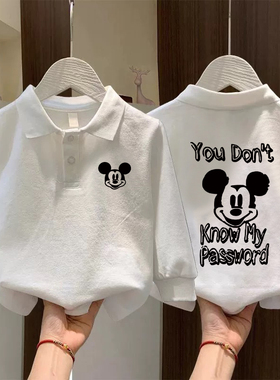 儿童长袖Polo衫T恤纯棉春秋季卡通印花洋气休闲白色打底透气上衣