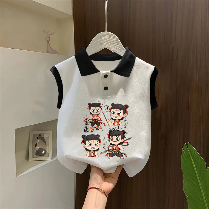2025儿童夏季Polo衫哪吒印花上衣服男童女童洋气纯棉背心无袖T恤