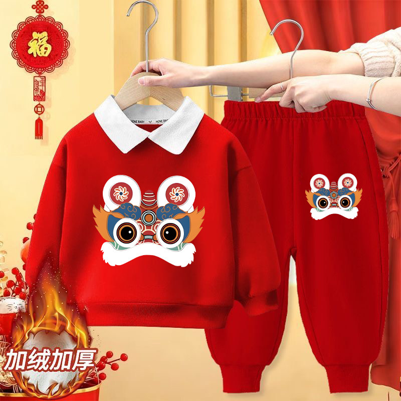 马年2026儿童喜庆卡通红白polo领卫衣卫裤新年套装加绒加厚两件套,童装/婴儿装/亲子装,套装,淘宝优惠券,粉丝福利购,淘宝优惠卷