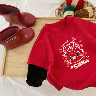 T恤 儿童新年2024龙年本命年长袖 男童女童拜年服打底衫 纯棉春秋装