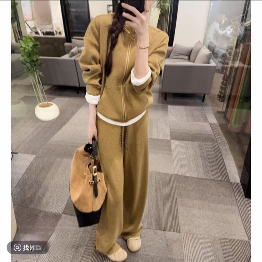 2025年春季韩系高级感卡其色拼接假两件夹克外套束脚裤两件套装女