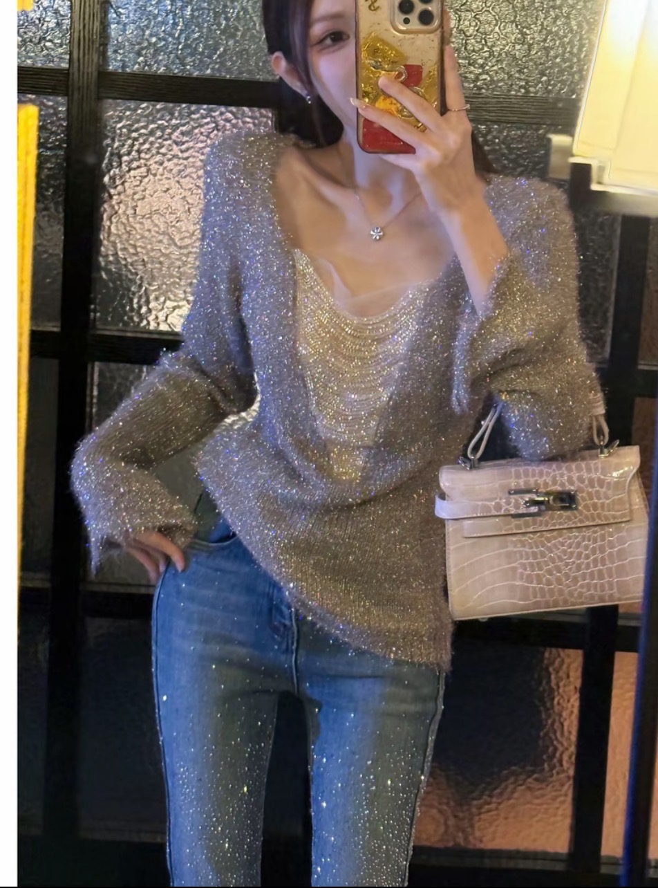 2025秋冬新款韩版时尚气质百搭显瘦V领亮片针织衫女