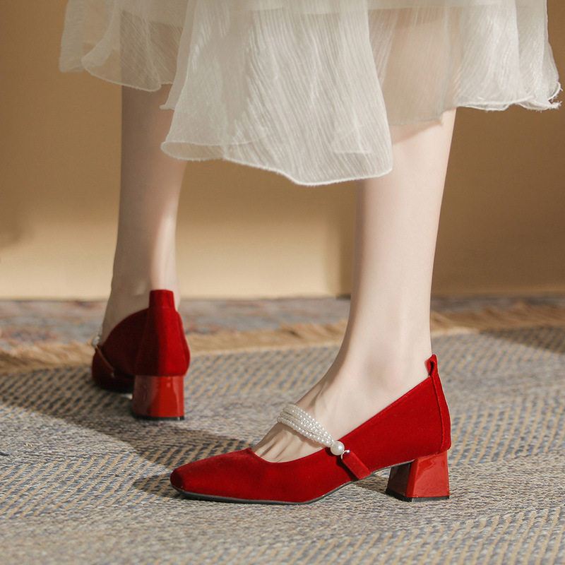 407-Z25新款2022秋冬季绒面方头珍珠粗跟玛丽珍鞋女单鞋婚鞋高跟,女鞋,玛丽珍鞋,淘宝优惠券,粉丝福利购,淘宝优惠卷