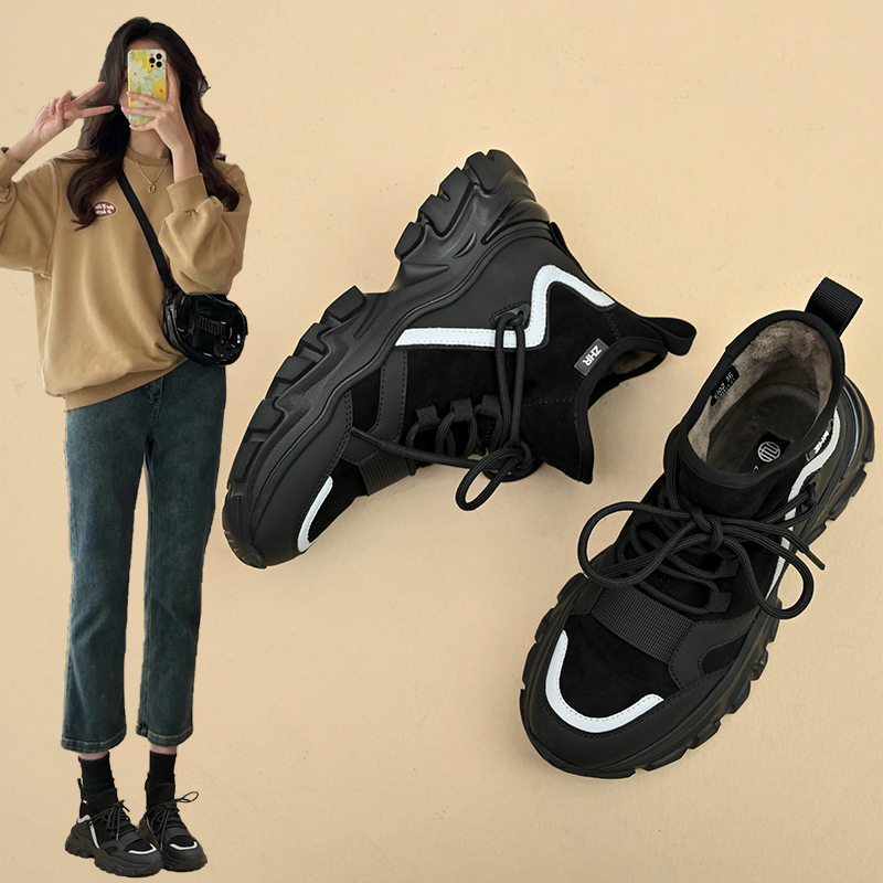 ZHR保暖女鞋厚底老爹鞋2023冬季新款加绒运动鞋包跟休闲黑色鞋子,女鞋,老爹鞋,淘宝优惠券,粉丝福利购,淘宝优惠卷