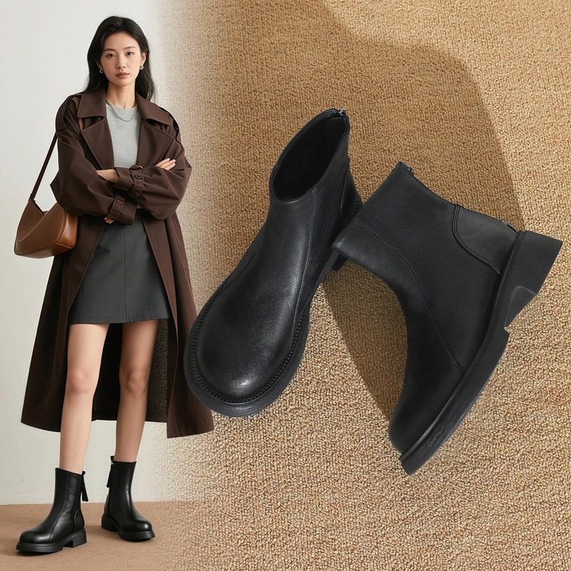 ZHR则则加绒平跟短靴2025秋冬新款英伦风马丁靴小个子粗腿瘦瘦靴,女鞋,马丁靴,淘宝优惠券,粉丝福利购,淘宝优惠卷