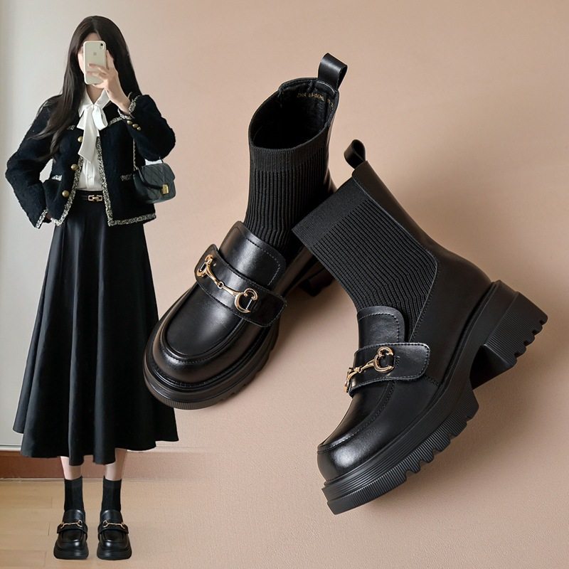 ZHR厚底小个子增高弹力袜靴乐福鞋轻便女鞋2024冬季新款百搭短靴,女鞋,弹力靴/袜靴,淘宝优惠券,粉丝福利购,淘宝优惠卷