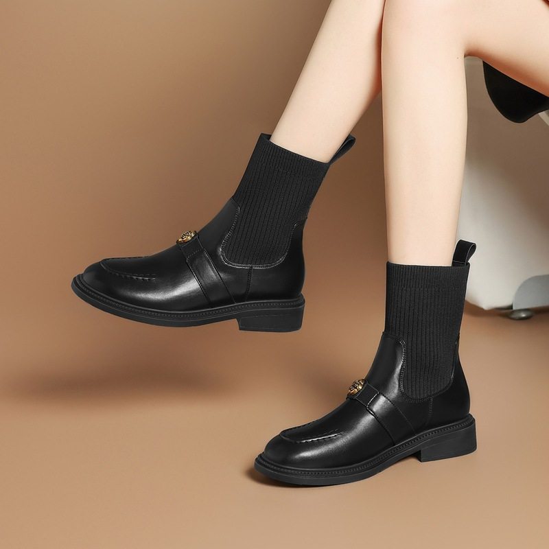 ZHR则则厚底增高粗跟短靴女2025秋冬新款英伦风乐福鞋弹力袜靴女,女鞋,弹力靴/袜靴,淘宝优惠券,粉丝福利购,淘宝优惠卷