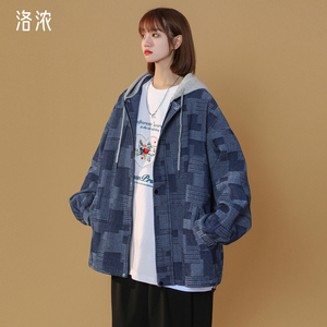 洛浓中性情侣春秋牛仔格子连帽夹克男女学生潮牌休闲宽松外套高街