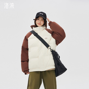 洛浓无性别冬季面包服男女假两件加厚棉衣复古美式宽松百搭青少年