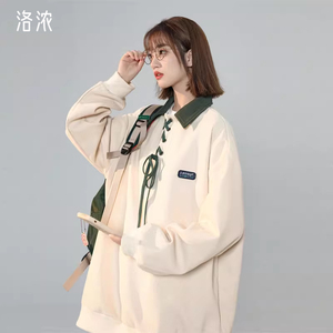 洛浓无性别春秋卫衣polo衫男女长袖撞色翻领绑带宽松潮牌高街学生