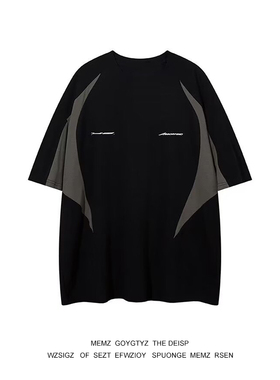 美式高街痞帅潮牌撞色拼接设计感机车短袖insT恤男宽松情侣赛车服