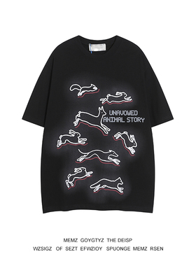 日系重磅夏季动物宽松复古美式印花男女款圆领短袖insT恤上衣潮牌