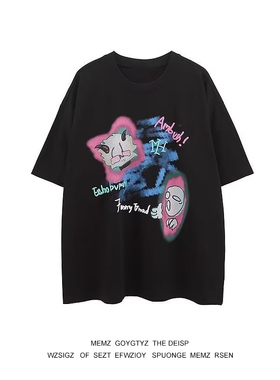 美式复古水洗手绘涂鸦卡通短袖inst恤男女宽松港风潮牌半袖上衣服