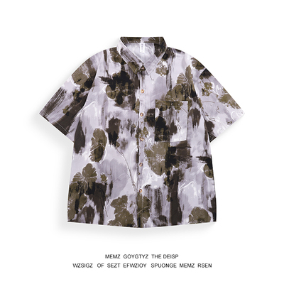 MEMZ新款美式复古休闲水墨晕染艺术感潮牌港风短袖花衬衫上衣男女
