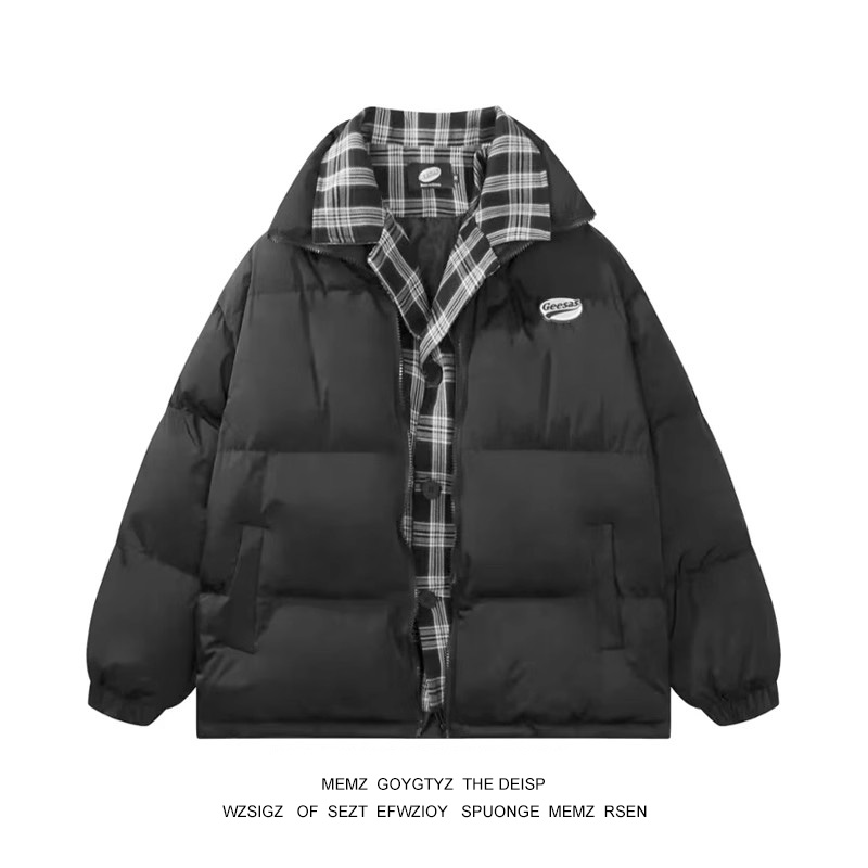 秋季美式复古高街潮拼接格子翻领加厚棉衣宽松外套男女面包服棉服