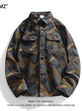 MEMZ美式痞帅复古拼色纹理长袖衬衣外套春秋学生宽松百搭衬衫男潮