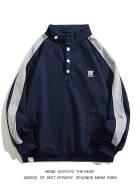 美式复古拼接立领卫衣男女韩版宽松休闲潮流学院bf风情侣套头外套