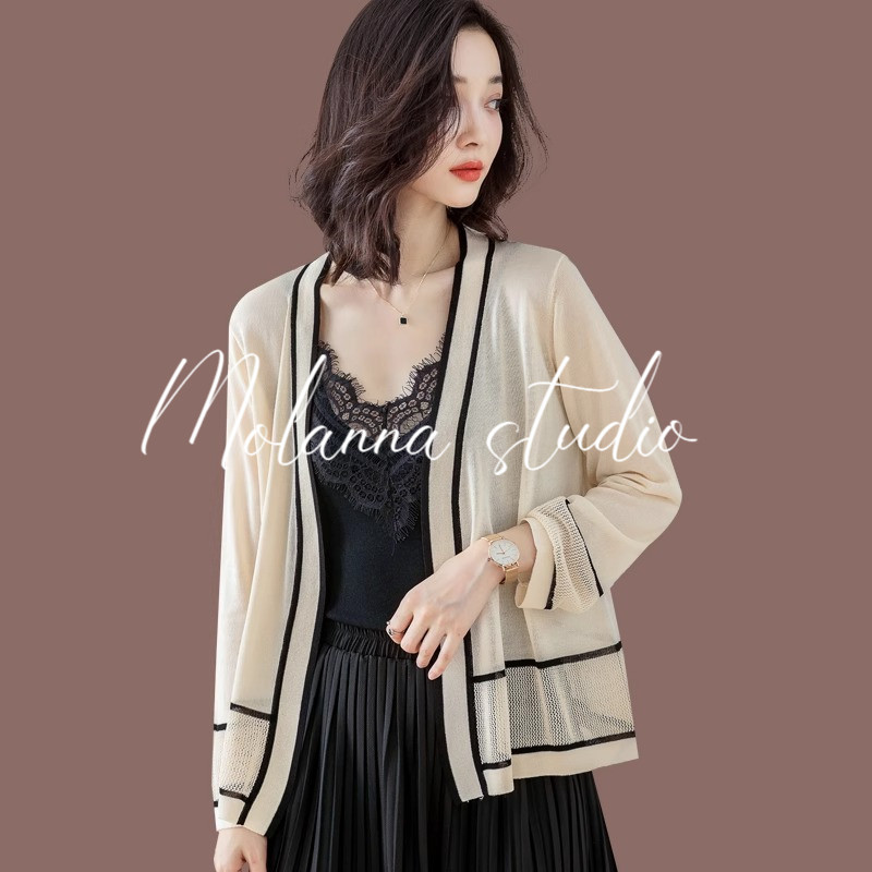 Molanna冰丝长袖防晒衣女夏新款时尚休闲针织开衫外搭女士薄外套