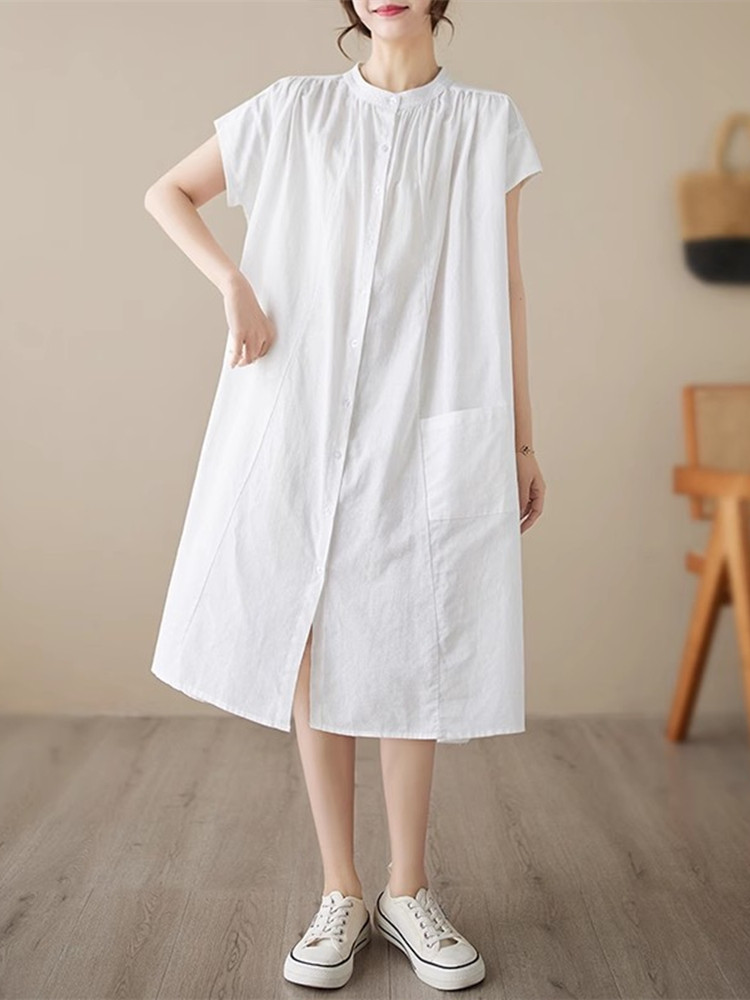 休闲短袖女裙夏季新款褶裥设计高端小众纯色女性中长裙