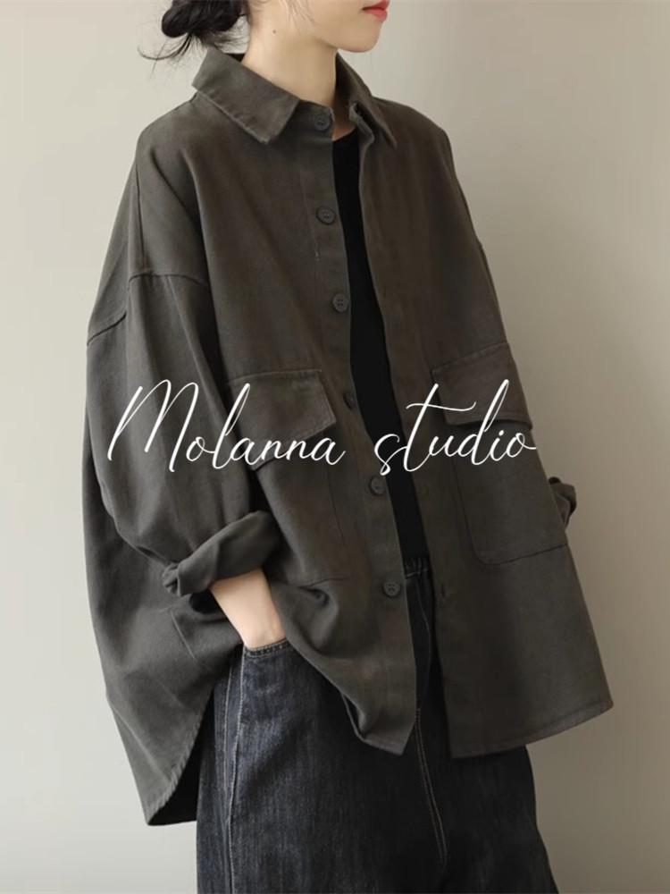 Molanna长袖衬衫外套女春秋装新款宽松大码女士洋气休闲开衫上衣
